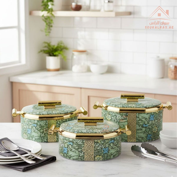 3 - Piece Hotpot Set (1.5L - 2L - 2.5L) | Luxury Floral Design | Thermal Casserole with Gold Handles - Souk Al Ras