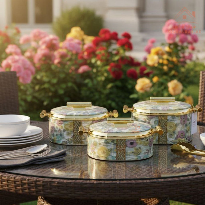 3 - Piece Hotpot Set (1.5L - 2L - 2.5L) | Luxury Floral Design | Thermal Casserole with Gold Handles - Souk Al Ras