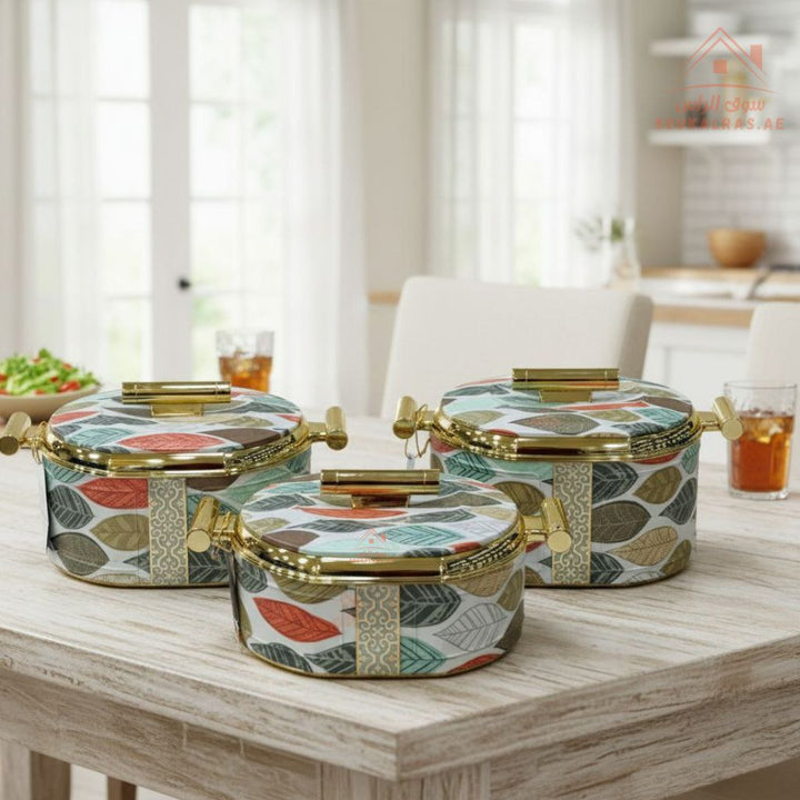 3 - Piece Hotpot Set (1.5L - 2L - 2.5L) | Luxury Floral Design | Thermal Casserole with Gold Handles - Souk Al Ras
