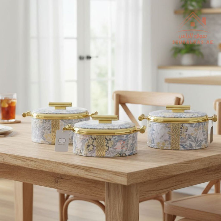 3 - Piece Hotpot Set (1.5L - 2L - 2.5L) | Luxury Floral Design | Thermal Casserole with Gold Handles - Souk Al Ras
