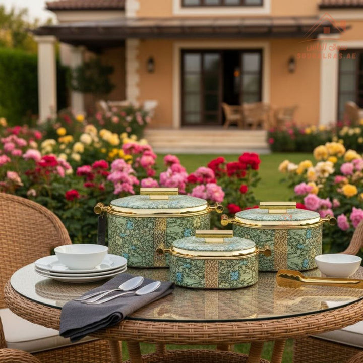 3 - Piece Hotpot Set (1.5L - 2L - 2.5L) | Luxury Floral Design | Thermal Casserole with Gold Handles - Souk Al Ras