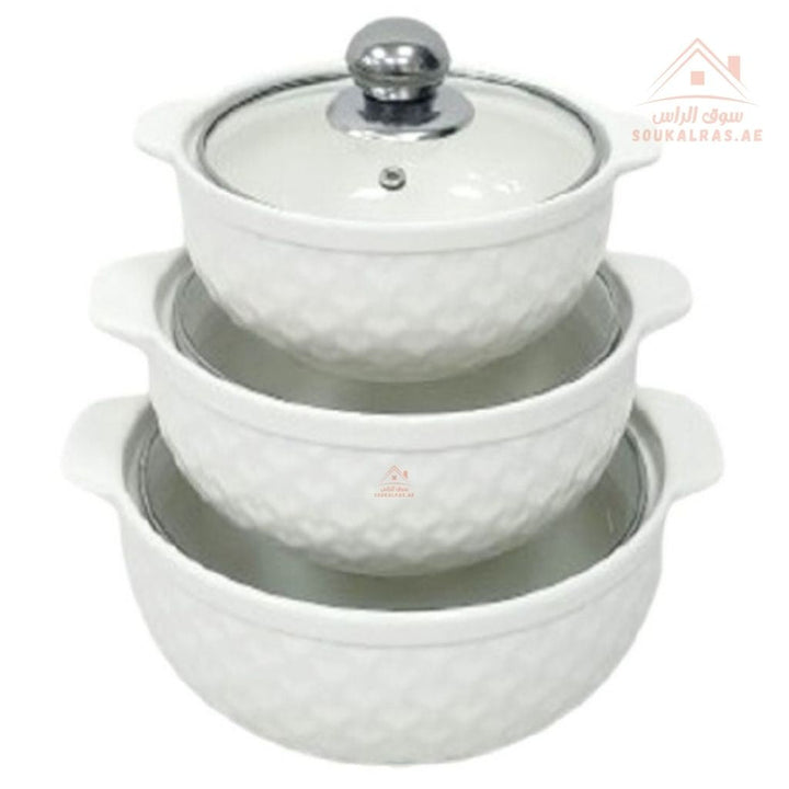 3 - Piece Luxury Porcelain Serving Bowl Set | Elegant White with Embossed Design | Premium Dinnerware Collection - Souk Al Ras
