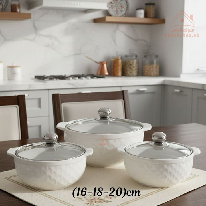 3 - Piece Luxury Porcelain Serving Bowl Set | Elegant White with Embossed Design | Premium Dinnerware Collection - Souk Al Ras