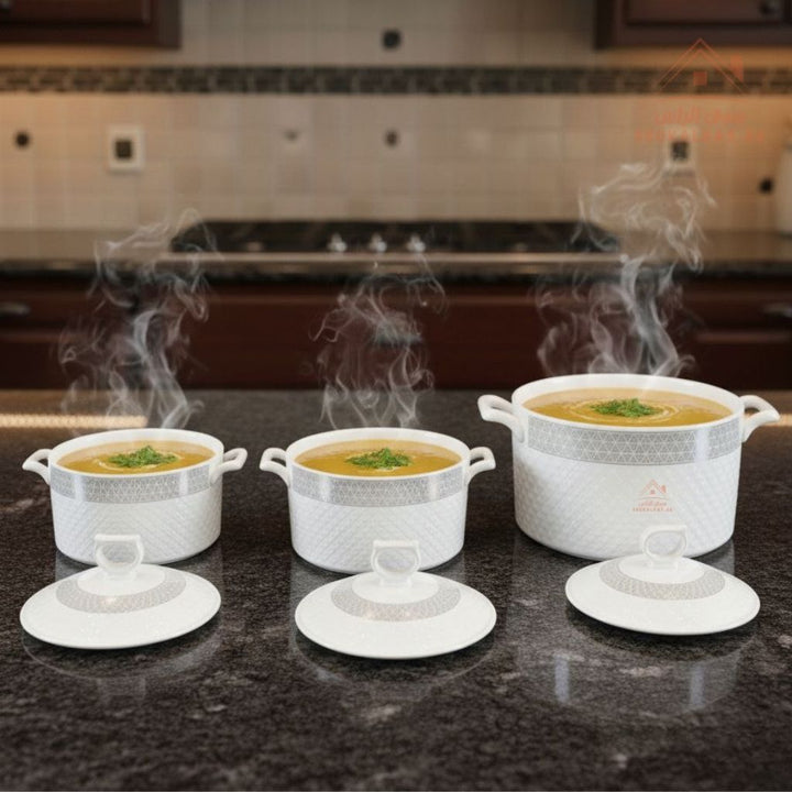 3 - Piece Luxury Porcelain Serving Bowl Set | Elegant White with Embossed Design | Premium Dinnerware Collection - Souk Al Ras