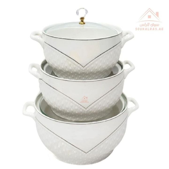 3 - Piece Luxury Porcelain Serving Bowl Set | Elegant White with Embossed Design | Premium Dinnerware Collection - Souk Al Ras