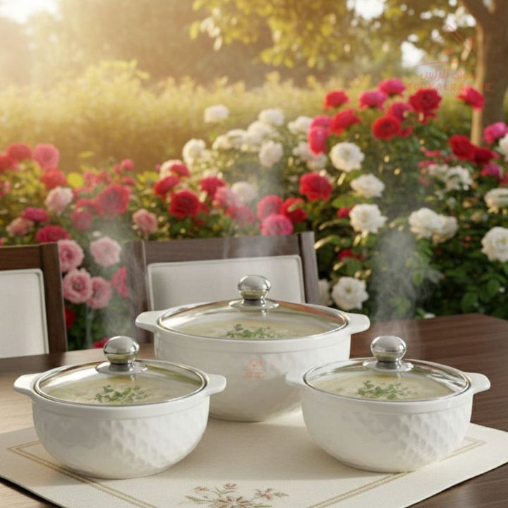 3 - Piece Luxury Porcelain Serving Bowl Set | Elegant White with Embossed Design | Premium Dinnerware Collection - Souk Al Ras