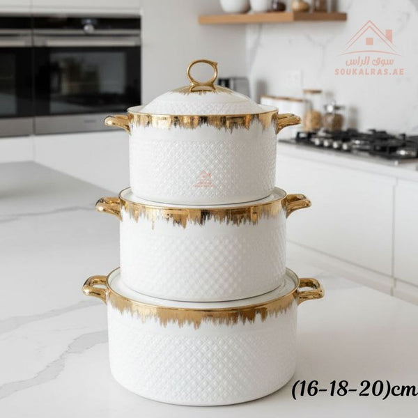 3 - Piece Luxury Porcelain Serving Bowl Set | Elegant White with Embossed Design | Premium Dinnerware Collection - Souk Al Ras