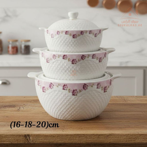 3 - Piece Luxury Porcelain Serving Bowl Set | Elegant White with Embossed Design | Premium Dinnerware Collection - Souk Al Ras