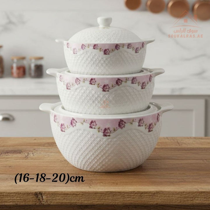 3 - Piece Luxury Porcelain Serving Bowl Set | Elegant White with Embossed Design | Premium Dinnerware Collection - Souk Al Ras