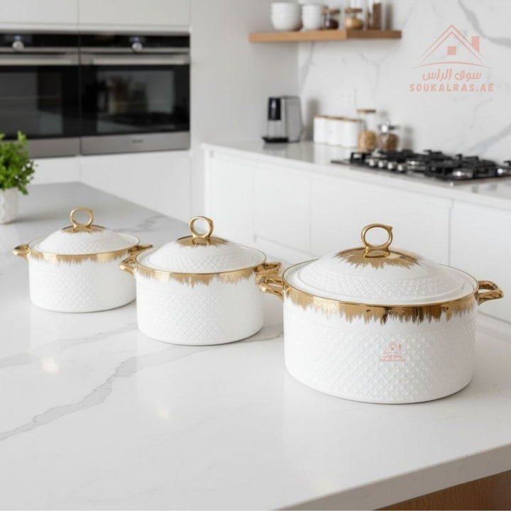3 - Piece Luxury Porcelain Serving Bowl Set | Elegant White with Embossed Design | Premium Dinnerware Collection - Souk Al Ras