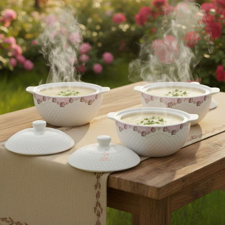 3 - Piece Luxury Porcelain Serving Bowl Set | Elegant White with Embossed Design | Premium Dinnerware Collection - Souk Al Ras