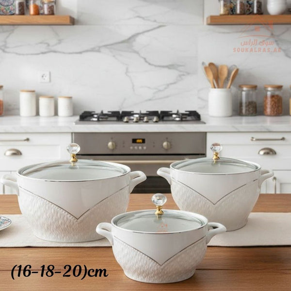 3 - Piece Luxury Porcelain Serving Bowl Set | Elegant White with Embossed Design | Premium Dinnerware Collection - Souk Al Ras