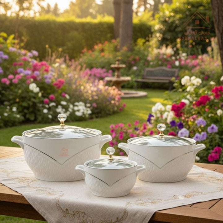 3 - Piece Luxury Porcelain Serving Bowl Set | Elegant White with Embossed Design | Premium Dinnerware Collection - Souk Al Ras