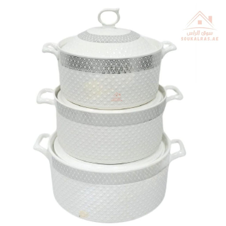 3 - Piece Luxury Porcelain Serving Bowl Set | Elegant White with Embossed Design | Premium Dinnerware Collection - Souk Al Ras