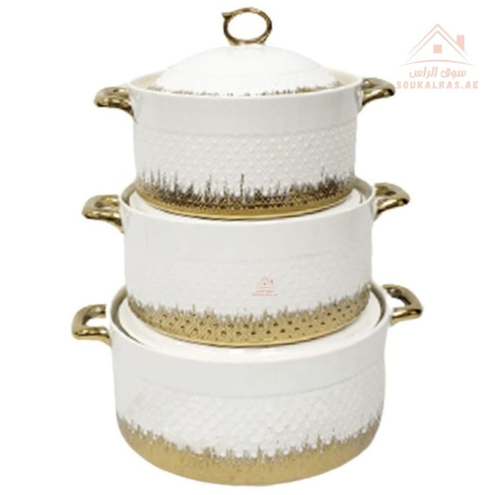 3 - Piece Luxury Porcelain Serving Bowl Set | Elegant White with Golden Embossed Design | Premium Dinnerware Collection - Souk Al Ras