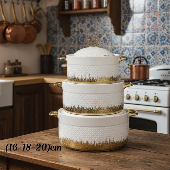 3 - Piece Luxury Porcelain Serving Bowl Set | Elegant White with Golden Embossed Design | Premium Dinnerware Collection - Souk Al Ras