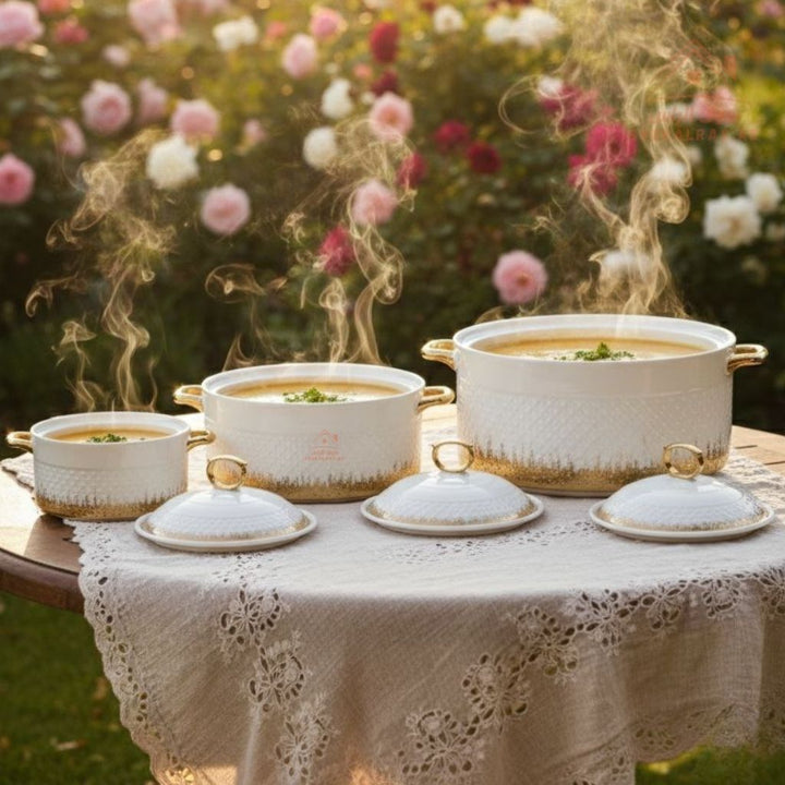 3 - Piece Luxury Porcelain Serving Bowl Set | Elegant White with Golden Embossed Design | Premium Dinnerware Collection - Souk Al Ras