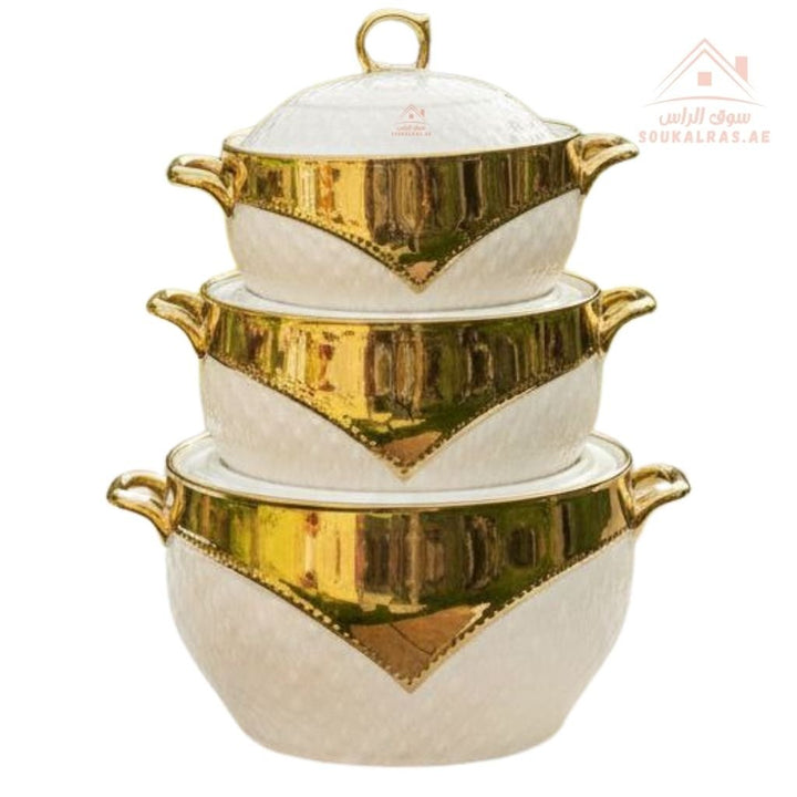 3 - Piece Luxury Porcelain Serving Bowl Set | Elegant White with Golden Embossed Design | Premium Dinnerware Collection - Souk Al Ras