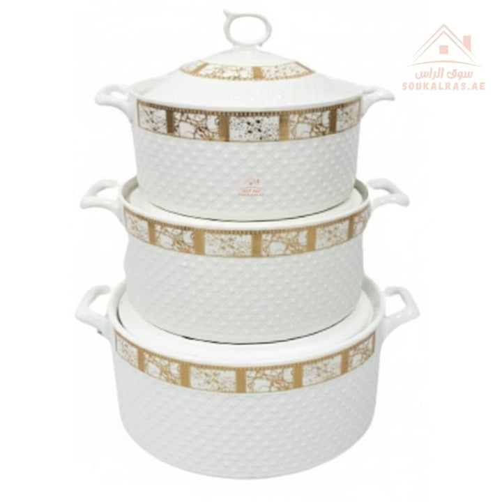 3 - Piece Luxury Porcelain Serving Bowl Set | Elegant White with Golden Embossed Design | Premium Dinnerware Collection - Souk Al Ras