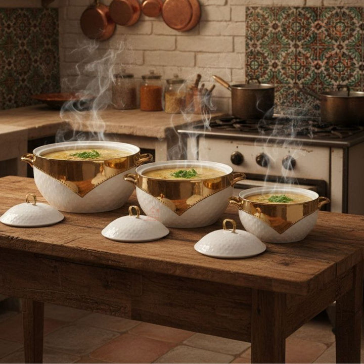 3 - Piece Luxury Porcelain Serving Bowl Set | Elegant White with Golden Embossed Design | Premium Dinnerware Collection - Souk Al Ras