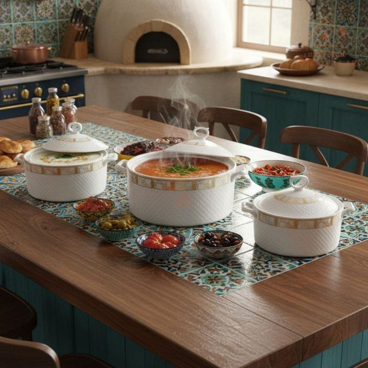 3 - Piece Luxury Porcelain Serving Bowl Set | Elegant White with Golden Embossed Design | Premium Dinnerware Collection - Souk Al Ras