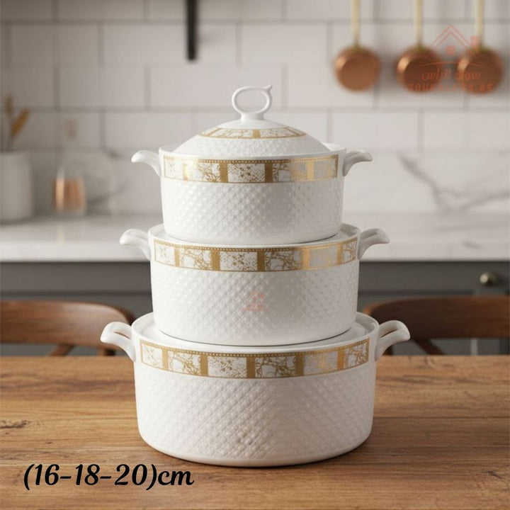 3 - Piece Luxury Porcelain Serving Bowl Set | Elegant White with Golden Embossed Design | Premium Dinnerware Collection - Souk Al Ras