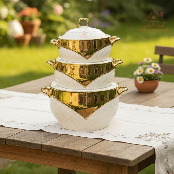 3 - Piece Luxury Porcelain Serving Bowl Set | Elegant White with Golden Embossed Design | Premium Dinnerware Collection - Souk Al Ras