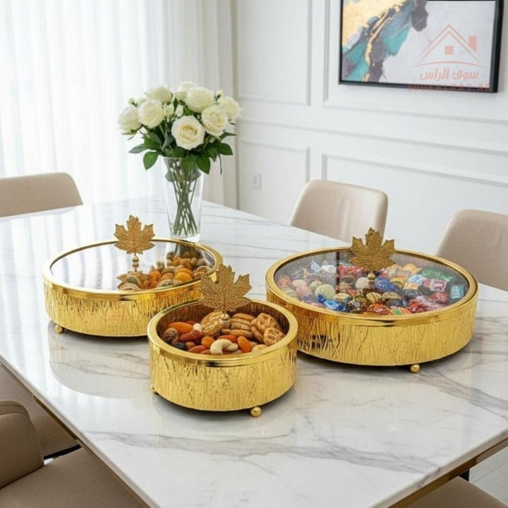3 - Piece Luxury Round Serving Dish Set with Lid | Elegant Gold & Silver Tableware | Ideal for serving dates, sweets, chocolates, nuts and small desserts - Souk Al Ras