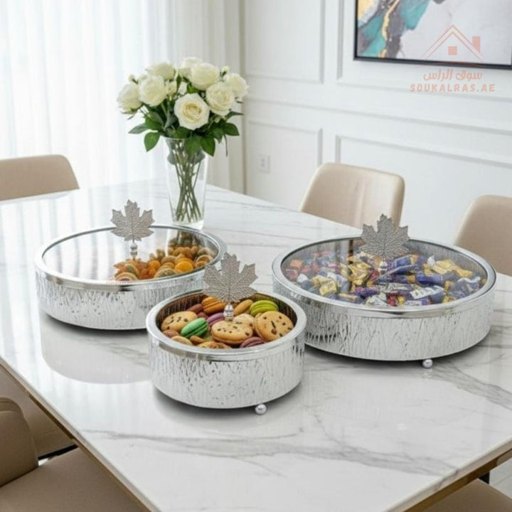 3 - Piece Luxury Round Serving Dish Set with Lid | Elegant Gold & Silver Tableware | Ideal for serving dates, sweets, chocolates, nuts and small desserts - Souk Al Ras