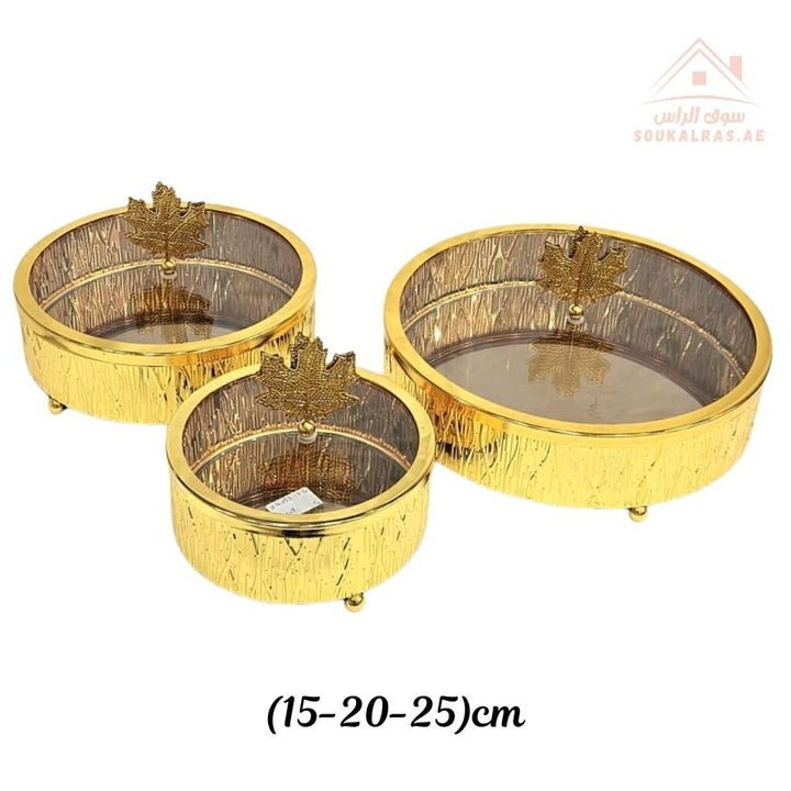 3 - Piece Luxury Round Serving Dish Set with Lid | Elegant Gold & Silver Tableware | Ideal for serving dates, sweets, chocolates, nuts and small desserts - Souk Al Ras