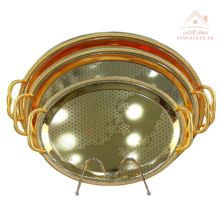 3 - Piece Oval & Rectangular Serving Tray Set| Elegant Hammered Finish Premium Quality Material Made from durable, rust - resistant metal for long - lasting use. - Souk Al Ras