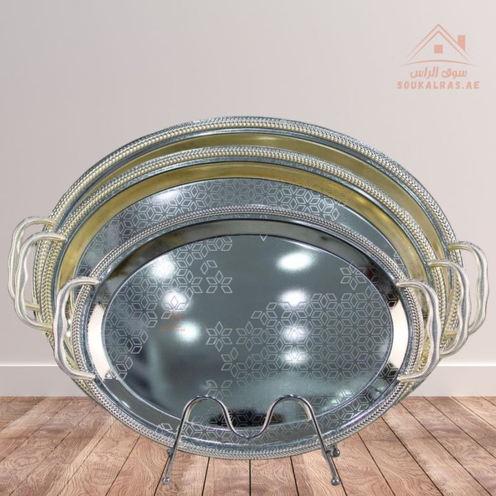 3 - Piece Oval & Rectangular Serving Tray Set| Elegant Hammered Finish Premium Quality Material Made from durable, rust - resistant metal for long - lasting use. - Souk Al Ras