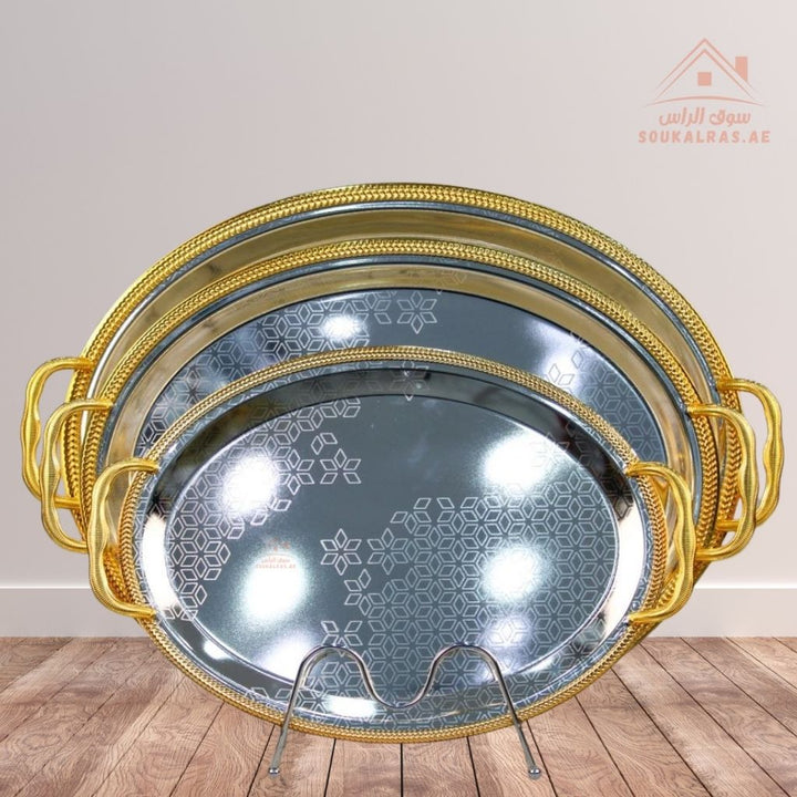 3 - Piece Oval & Rectangular Serving Tray Set| Elegant Hammered Finish Premium Quality Material Made from durable, rust - resistant metal for long - lasting use. - Souk Al Ras