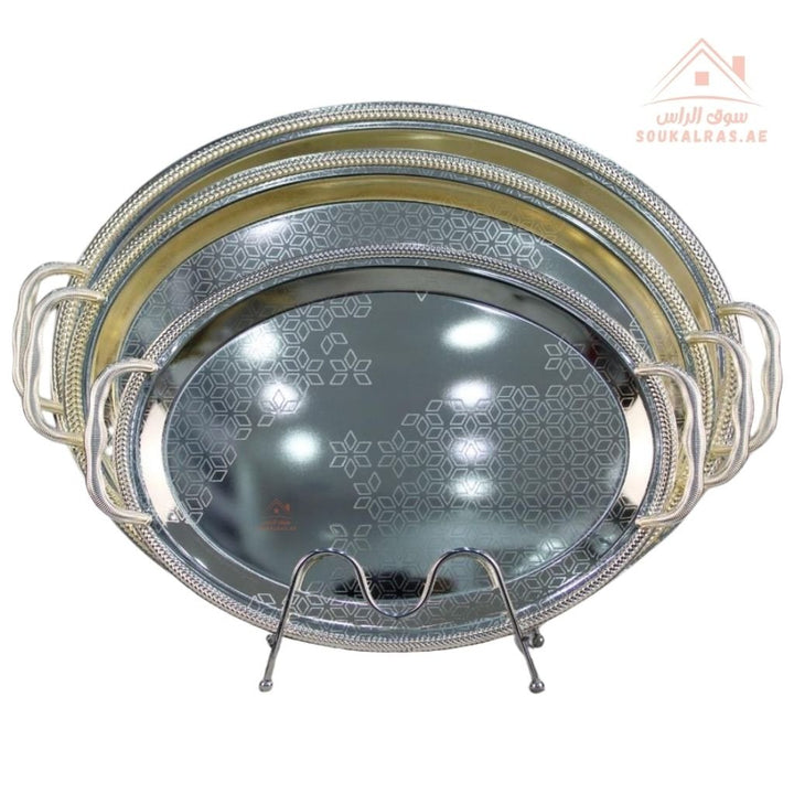 3 - Piece Oval & Rectangular Serving Tray Set| Elegant Hammered Finish Premium Quality Material Made from durable, rust - resistant metal for long - lasting use. - Souk Al Ras