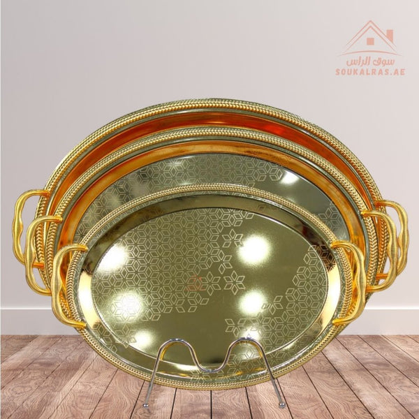 3 - Piece Oval & Rectangular Serving Tray Set| Elegant Hammered Finish Premium Quality Material Made from durable, rust - resistant metal for long - lasting use. - Souk Al Ras
