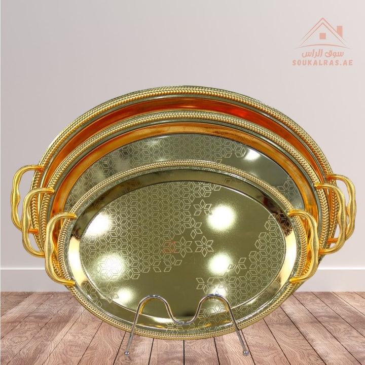 3 - Piece Oval & Rectangular Serving Tray Set| Elegant Hammered Finish Premium Quality Material Made from durable, rust - resistant metal for long - lasting use. - Souk Al Ras