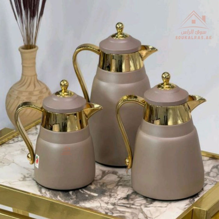3 - Piece Premium Vacuum Flask Set | 300ml, 500ml & 1.0L | Elegant Gold and Silver Accent Design | Multiple Colors | Keeps Drinks Hot & Cold - Souk Al Ras