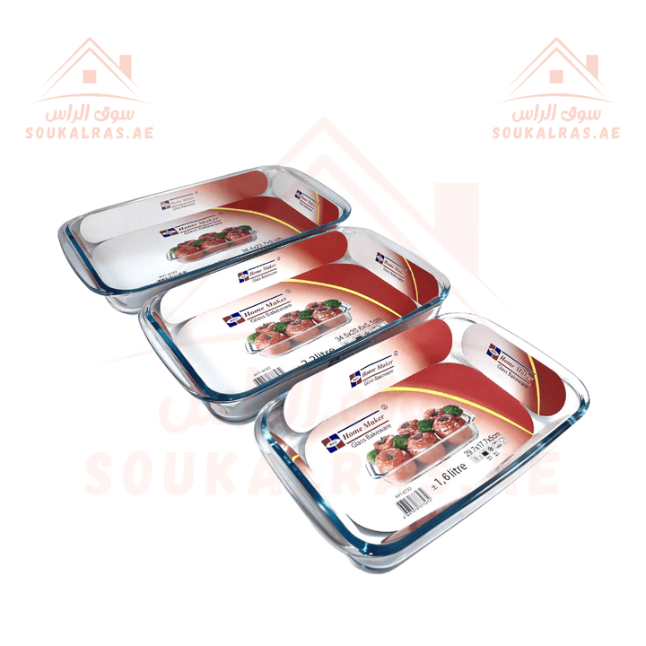 3 - Piece Rectangular Glass Baking Trays Set | 2.9L, 2.2L, 1.6L Capacity | Oven & Microwave Safe | Premium Quality - Souk Al Ras