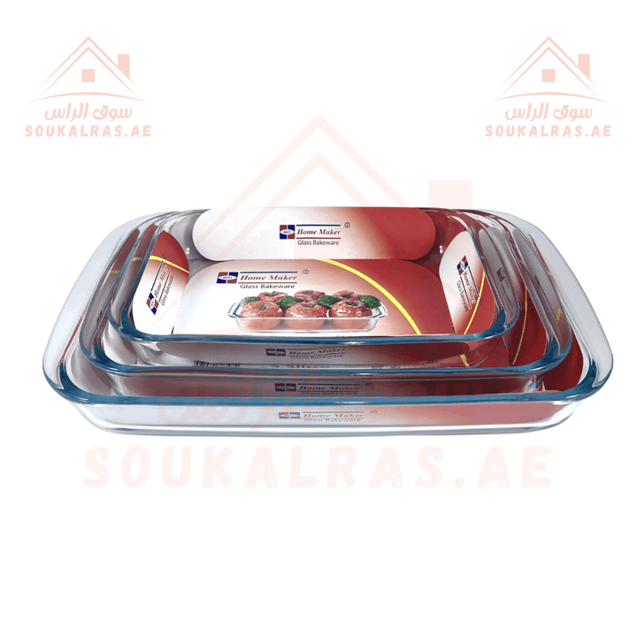 3 - Piece Rectangular Glass Baking Trays Set | 2.9L, 2.2L, 1.6L Capacity | Oven & Microwave Safe | Premium Quality - Souk Al Ras