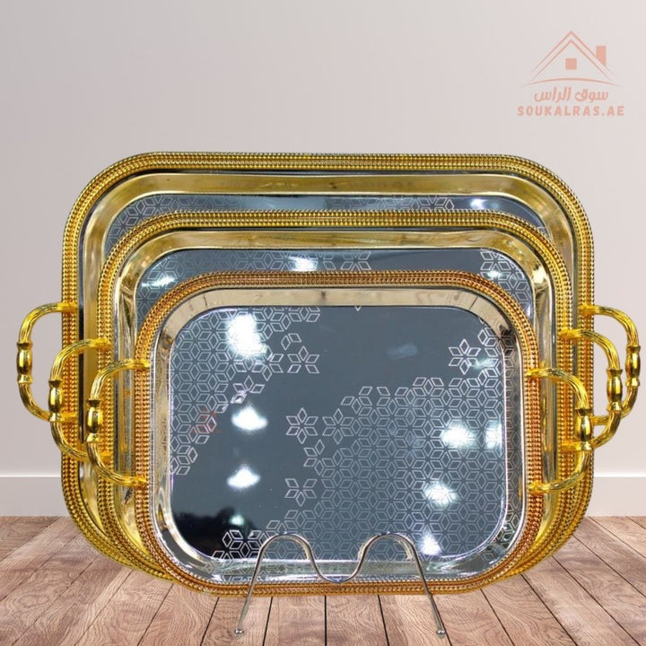 3 - Piece Rectangular Luxury Serving Tray Set | Elegant Design | Premium Quality Material Made of durable, rust - resistant metal for long - lasting use. - Souk Al Ras