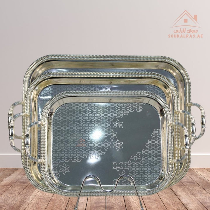 3 - Piece Rectangular Luxury Serving Tray Set | Elegant Design | Premium Quality Material Made of durable, rust - resistant metal for long - lasting use. - Souk Al Ras