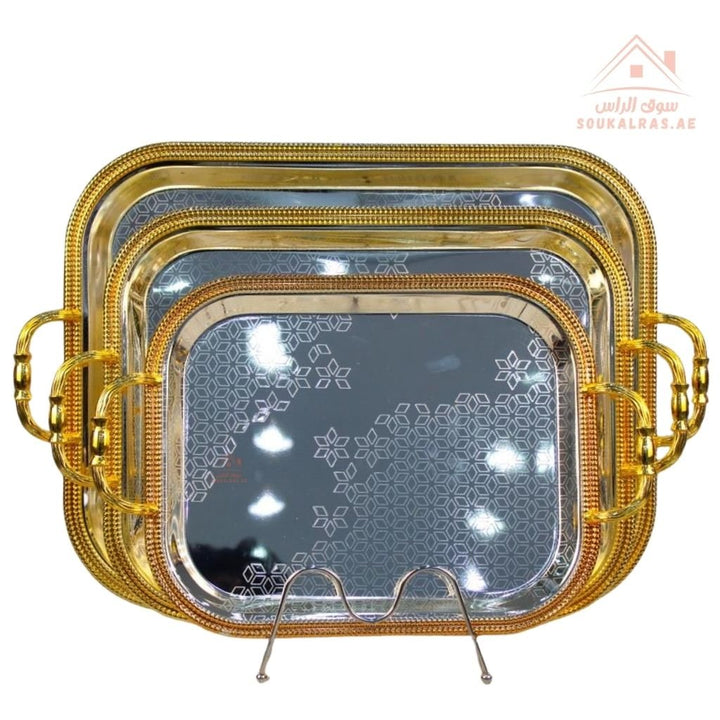 3 - Piece Rectangular Luxury Serving Tray Set | Elegant Design | Premium Quality Material Made of durable, rust - resistant metal for long - lasting use. - Souk Al Ras