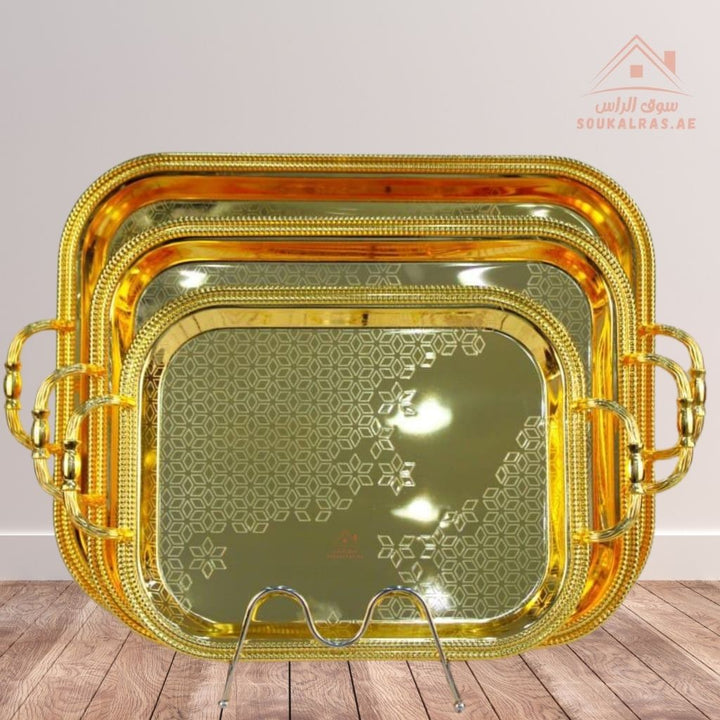 3 - Piece Rectangular Luxury Serving Tray Set | Elegant Design | Premium Quality Material Made of durable, rust - resistant metal for long - lasting use. - Souk Al Ras