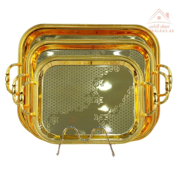 3 - Piece Rectangular Luxury Serving Tray Set | Elegant Design | Premium Quality Material Made of durable, rust - resistant metal for long - lasting use. - Souk Al Ras