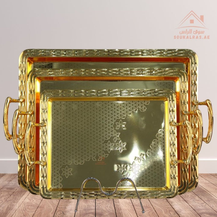 3 - Piece Rectangular Serving Tray Set | Elegant Design for Home & Events Premium Quality Made from durable, rust - resistant materials - Souk Al Ras