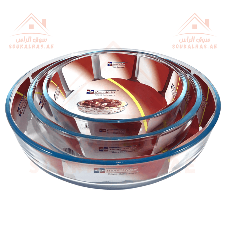 3 - Piece Round Glass Baking Tray Set | 3L, 2.1L, 1.5L Capacity | Oven & Microwave Safe | Premium Quality - Souk Al Ras