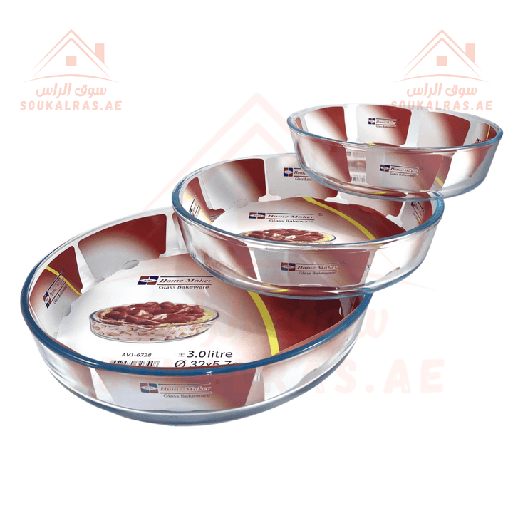 3 - Piece Round Glass Baking Tray Set | 3L, 2.1L, 1.5L Capacity | Oven & Microwave Safe | Premium Quality - Souk Al Ras