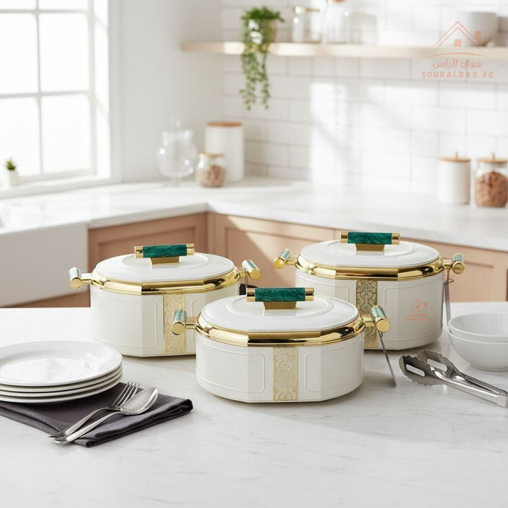 3 - Piece Thermal Hotpot Set (1.5L - 2L - 2.5L) | Elegant Plain Color Design with Marble Handles | UAE Kitchenware - Souk Al Ras