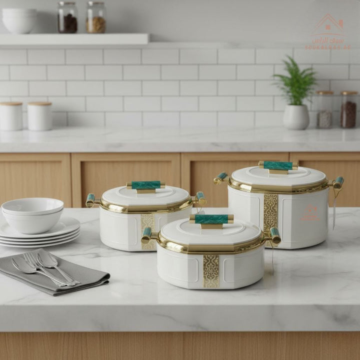 3 - Piece Thermal Hotpot Set (1.5L - 2L - 2.5L) | Elegant Plain Color Design with Marble Handles | UAE Kitchenware - Souk Al Ras