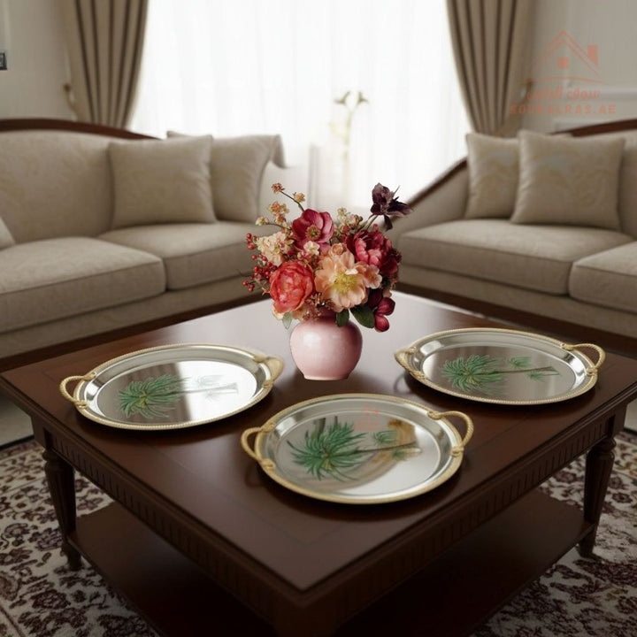 3 Pieces Luxury Palm Design Serving Trays Set | Stainless Steel & Gold Finish |Ideal for serving coffee, tea, snacks & desserts - Souk Al Ras